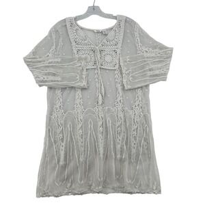 Kaktus Womens Large White Mesh Crochet Lace Embroidered Tunic Top Boho Cover Up